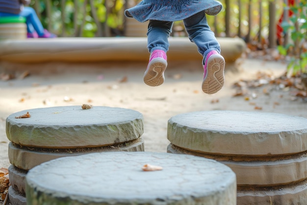 Bambino che salta da un trampolino ad un altro