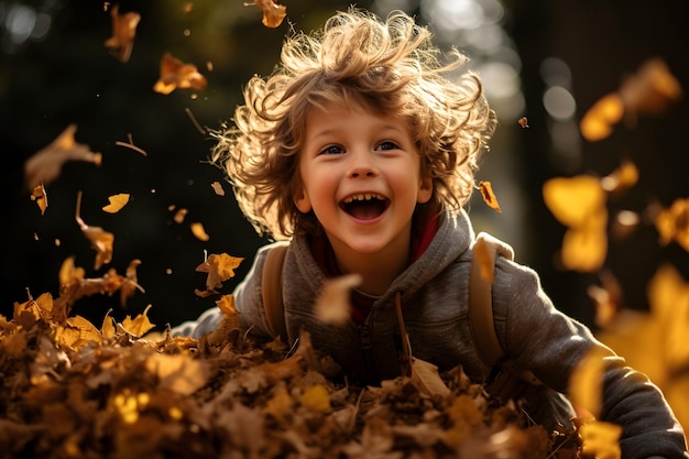 bambino che salta in un mucchio di foglie con un sorriso