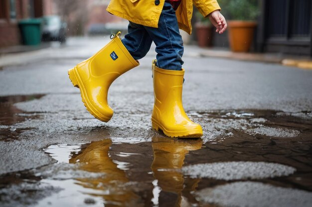 Bambino che schizza in una pozzanghera in un giorno di pioggia