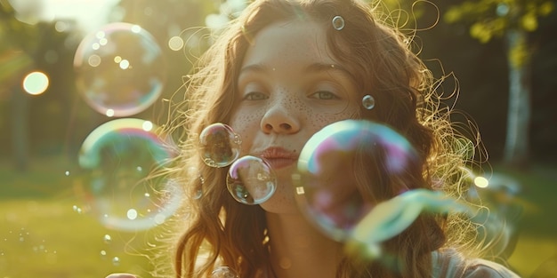 bambino che soffia bolle di sapone in natura IA generativa