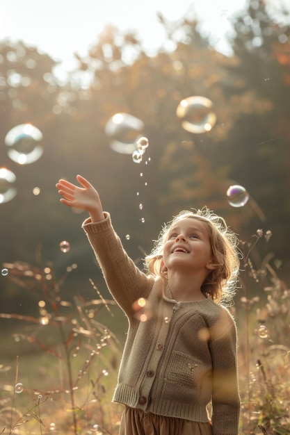 bambino che soffia bolle di sapone in natura IA generativa