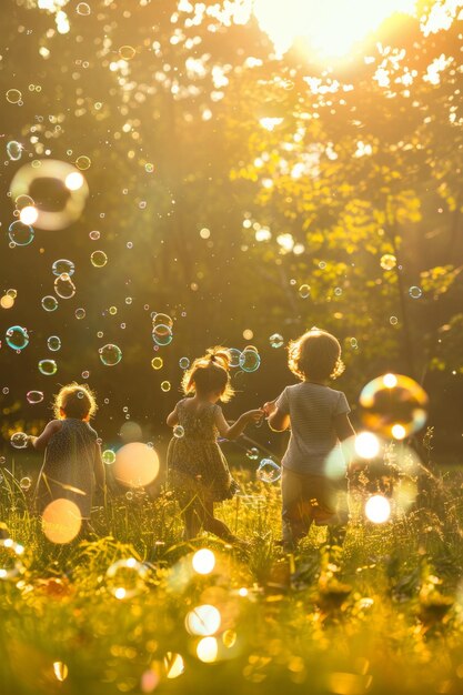 bambino che soffia bolle di sapone in natura IA generativa