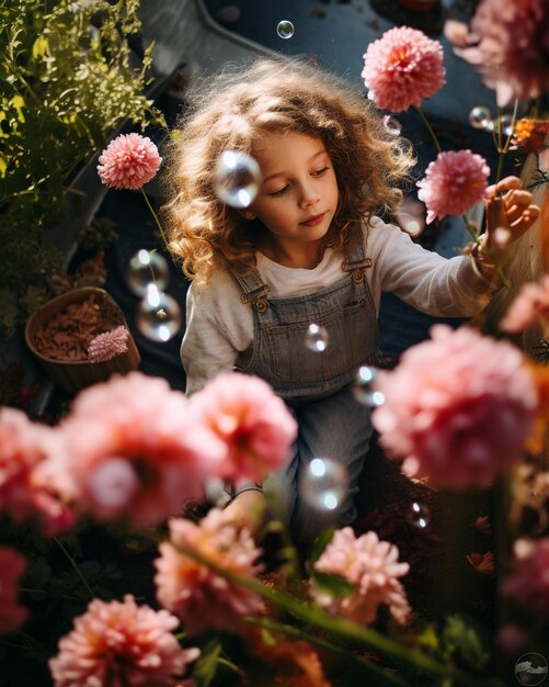 Bambino che soffia bolle nel giardino in fiore Vista dall'alto