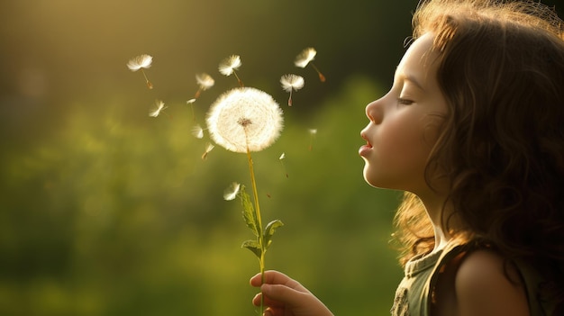 Bambino che soffia il dente di leone sullo sfondo bokeh con l'infanzia sul campo e il concetto di divertimento AI generativa