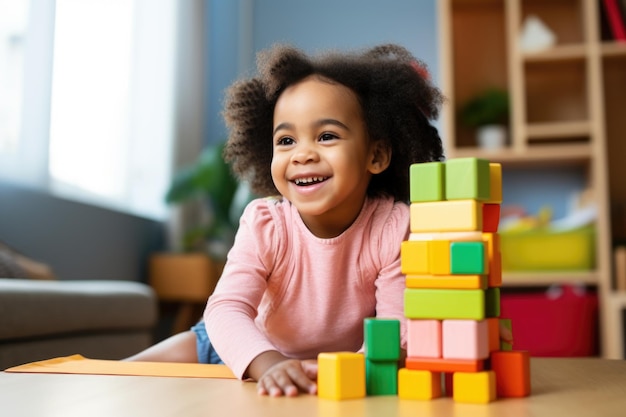 Bambino che sorride mentre gioca con i mattoni