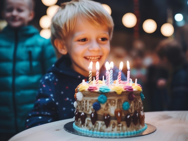 Bambino che spegne le candeline sulla torta di compleanno