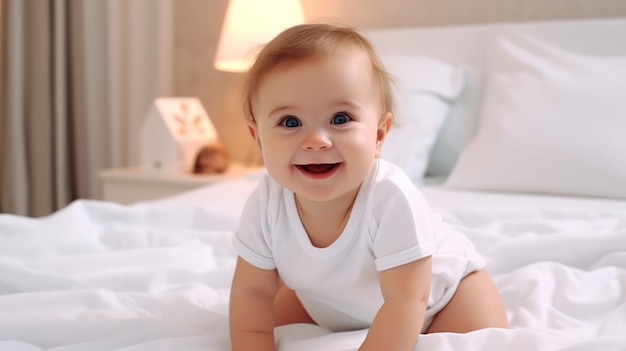 Bambino che striscia sul letto bianco