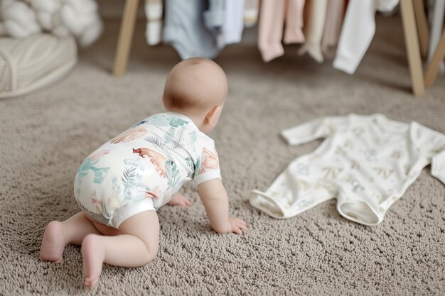 Bambino che striscia verso un set di abbigliamento esposto su un tappeto morbido