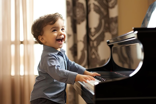 bambino che suona il pianoforte con un sorriso sul volto nello stile di tecniche innovative di movimenti vivaci