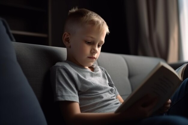 bambino che tiene e legge un libro seduto sul divano vista dal bambino per prenotare