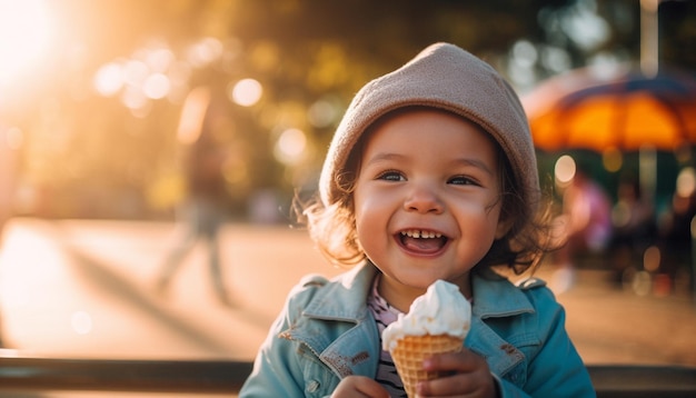 Bambino che tiene il gelato sorridente in natura generato dall'intelligenza artificiale