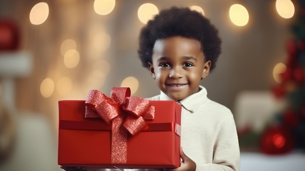 bambino che tiene in mano una scatola regalo con nastro rosso che dà e riceve regali carini su un evento