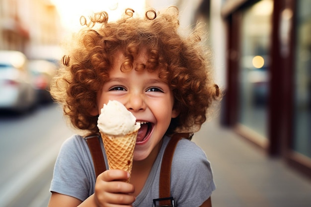 Bambino che tiene un cono di gelato con una pala di gelato di lavanda Earl Grey artigianale