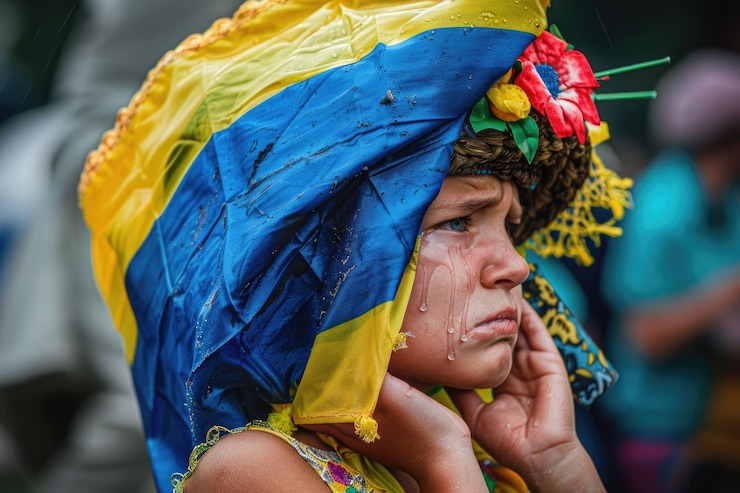 Foto bambino con bandiera ucraina grida simboleggiando guerra e speranza