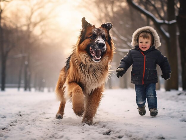 bambino con cane che corre nel parco innevato generato ia