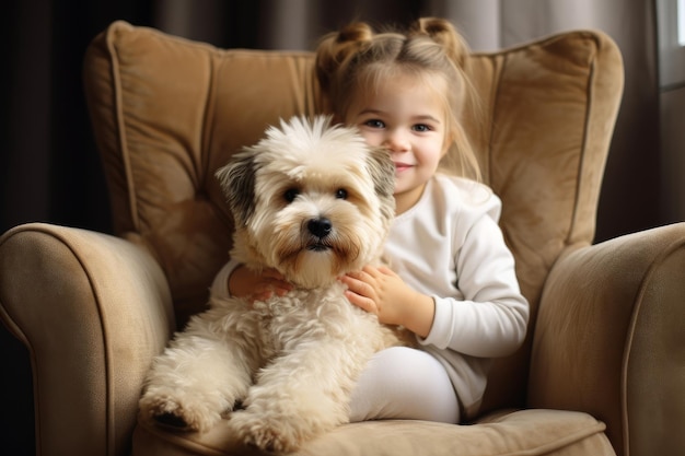 Bambino con cucciolo carino in poltrona Kid faccia felice con cura animale domestico Genera ai