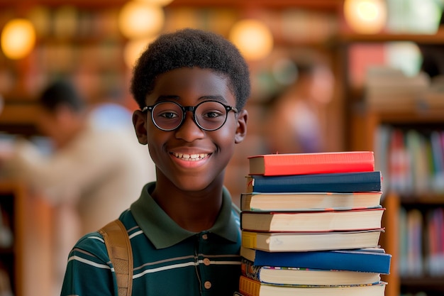 Bambino con entusiasmo in una biblioteca giornata mondiale del libro di ritorno a scuola giornata internazionale dell'istruzione