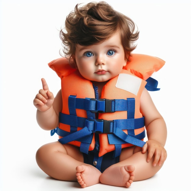 bambino con giubbotto di salvataggio e dispositivo di galleggiamento su uno sfondo bianco