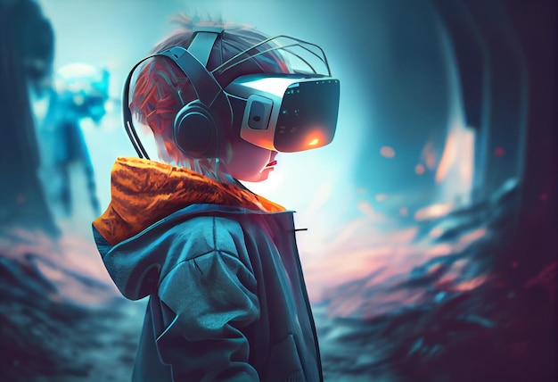 Bambino con headset VR Un dispositivo di gioco di nuova generazione per l'intrattenimento e lo sport Illustrazione di alta qualità