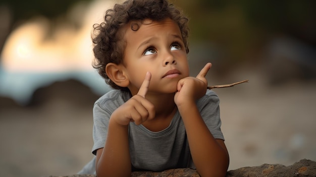 Bambino con il pensiero della mano gesto corto capelli ricci