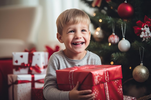 Bambino con il regalo di Natale che sorride alla macchina fotografica Regali di Babbo Natale