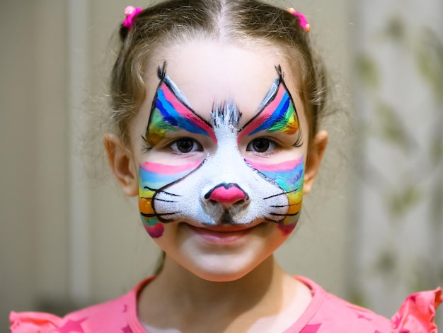 Bambino con la pittura del viso di gattino