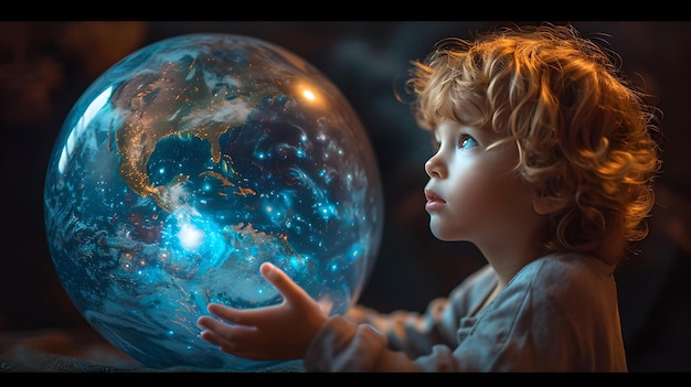 Bambino con la scoperta di un globo cosmico e meraviglia nei suoi occhi accattivante immaginazione infantile AI