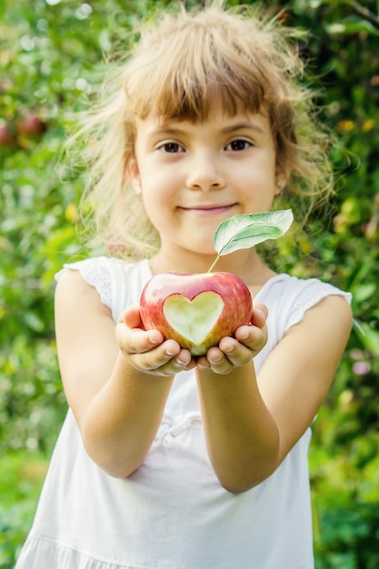 Bambino con le mele nel giardino estivo Messa a fuoco selettiva