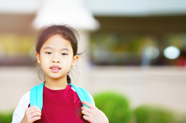 Bambino con lo zaino sulla sfocatura dello sfondo della scuola nel concetto di ritorno a scuola