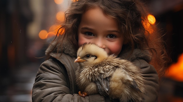 Bambino con un pollo