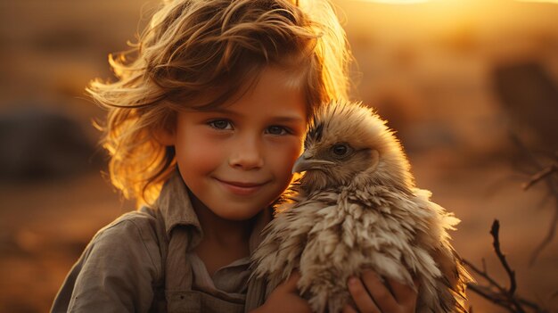 Bambino con un pollo