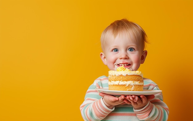 bambino con una torta che mostra il dessert su uno sfondo di colore solido