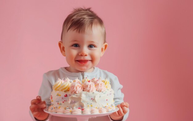 bambino con una torta che mostra il dessert su uno sfondo di colore solido