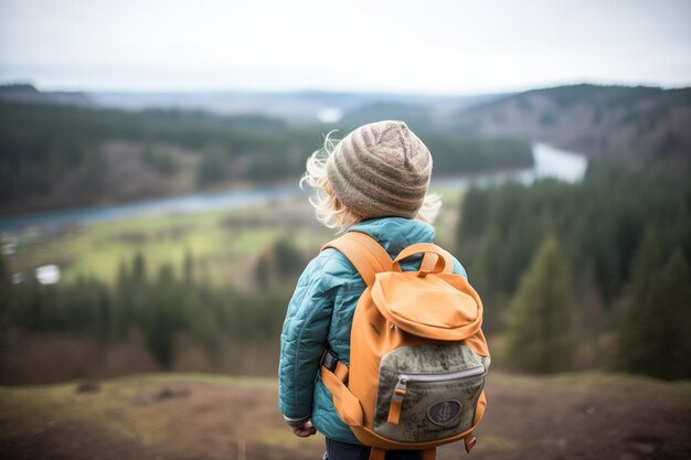 Bambino con zaino con vista su una valle boscosa