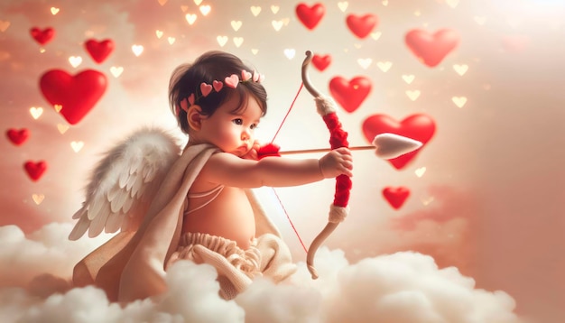Bambino Cupido con una freccia che mira ai cuori sullo sfondo delle nuvole bokeh