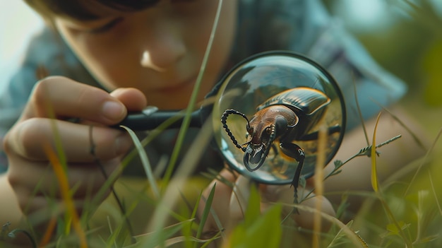 Bambino curioso che esplora la natura con una lente d'ingrandimento che scopre un coleottero attività educativa all'aperto curiosità infantile naturalista nella creazione di IA