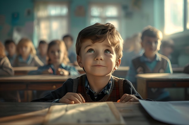 Bambino curioso in classe ragazzo che riflette durante la lezione ritorno alla scuola concetto di istruzione e apprendimento curiosità infantile nell'ambiente scolastico AI