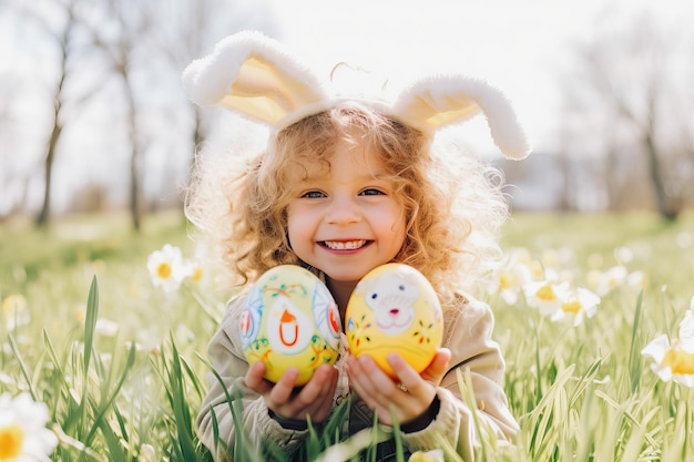 Bambino dai capelli ricci deliziato dalla caccia alle uova di Pasqua