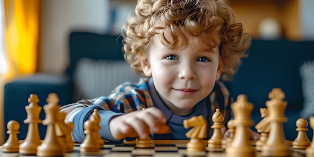Bambino dai capelli ricci profondamente coinvolto nel pensiero giocando a scacchi concentrarsi sulla strategia e l'apprendimento sincero momento di svago all'interno catturato AI