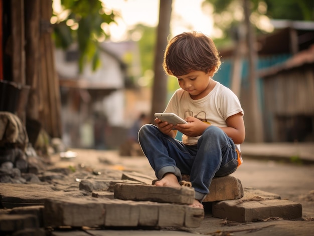 bambino dalla Colombia che utilizza lo smartphone per giocare