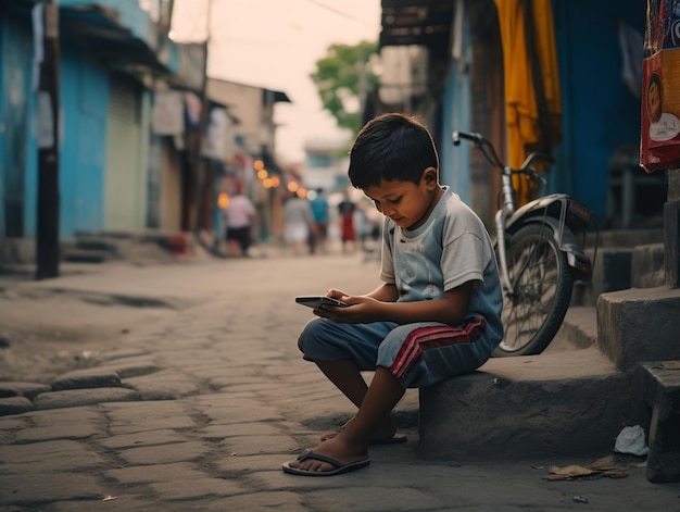 bambino dalla Colombia che utilizza lo smartphone per giocare