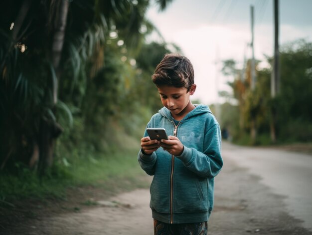 bambino dalla Colombia che utilizza lo smartphone per giocare