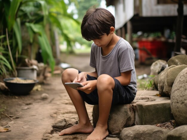 bambino dalla Colombia che utilizza lo smartphone per giocare