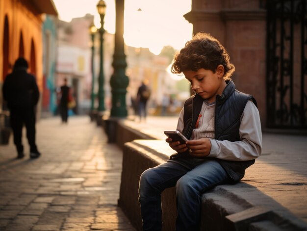 bambino dalla Colombia che utilizza lo smartphone per giocare