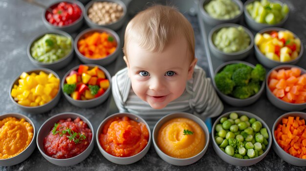 Bambino davanti a una serie di verdure colorate in ciotole