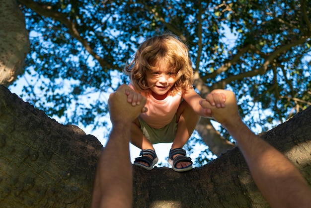 Bambino del bambino che impara a scalare divertendosi in giardino all'aperto. Esplorare la scoperta della natura divertendosi e crescere all'aria aperta. Protezione dei bambini.