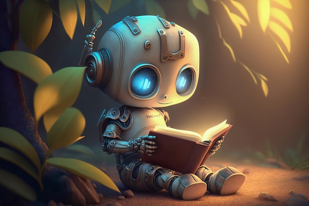 Bambino del robot che legge un libro Educazione del robot un libro