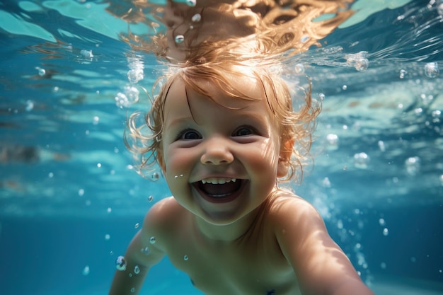 bambino deliziato sotto i sei mesi di età gioiosamente immerso sott'acqua nella piscina