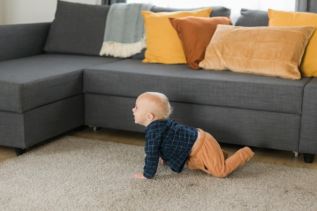 Bambino della scuola materna che striscia sul pavimento al chiuso a casa copia spazio e spazio vuoto per il testo curiosità del bambino