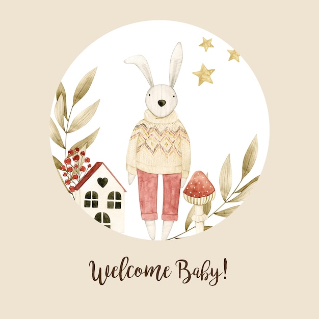 Bambino di benvenuto della carta dell'illustrazione dell'acquerello con il coniglietto, le foglie beige, la casa. Isolato su bianco.